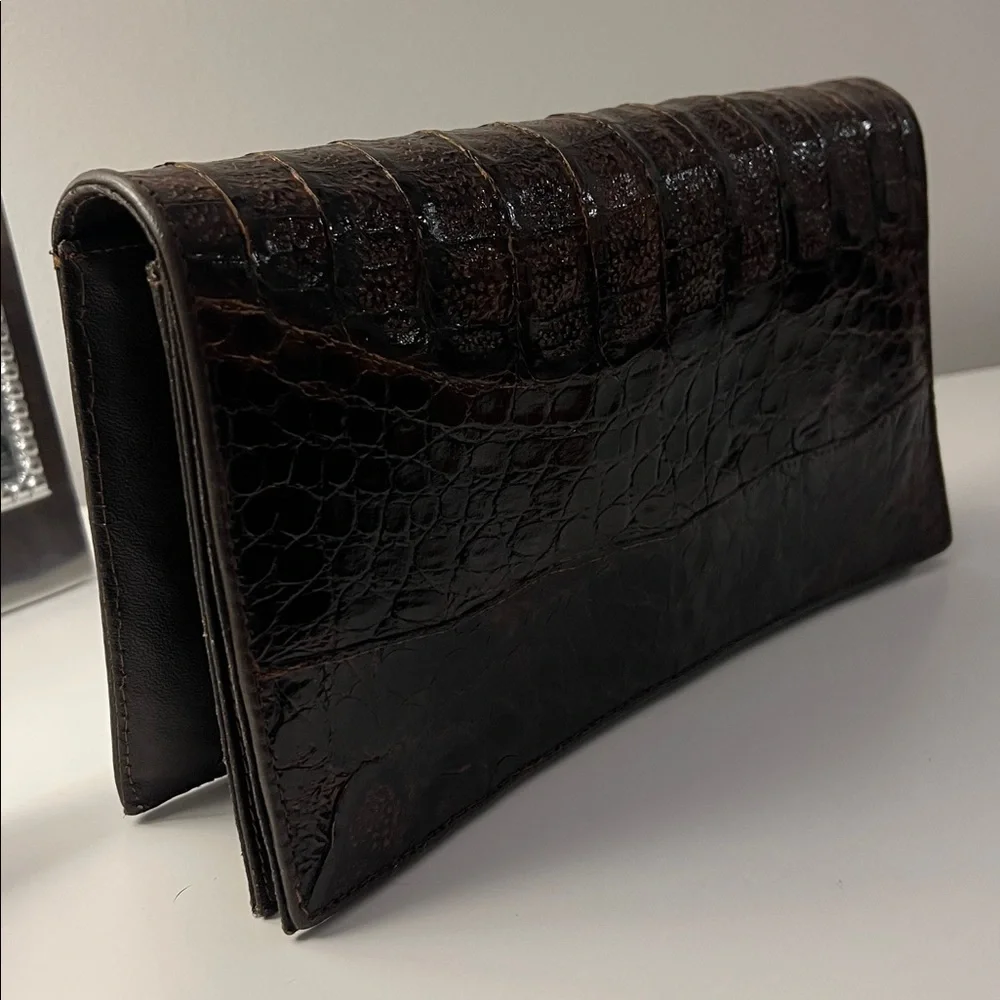 Elegant Brown Crocodile-Embossed Clutch